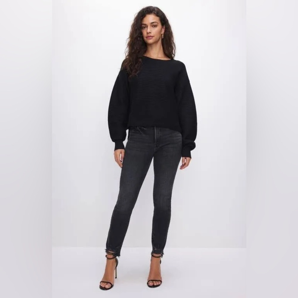 NWT Good American Knit Ribbed Crewneck Sweater Black  Sz 0 / XS  Oversized